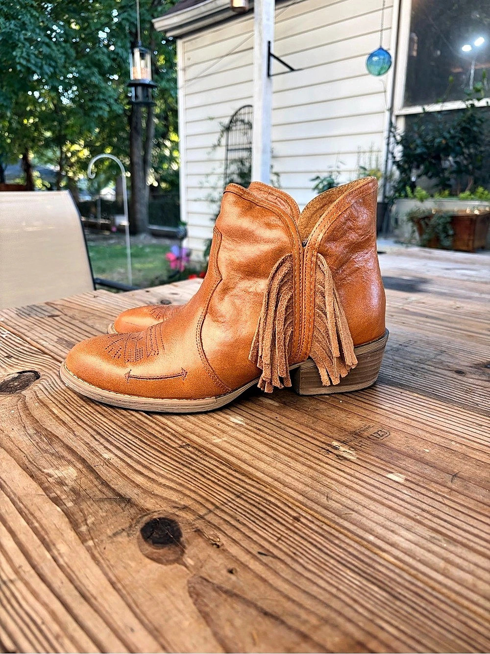 STERLING RIVER Women’s 10M Leather Western Ankle Boots Cognac Fringe Cowboy Boot